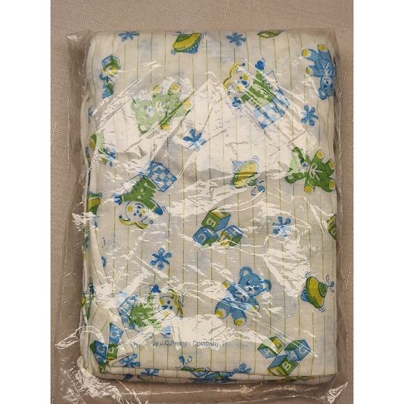 Vintage Toddletime Fitted Knit Crib Sheet ABCs Bears Toys Blue Green Pinstripe - Picture 4 of 4